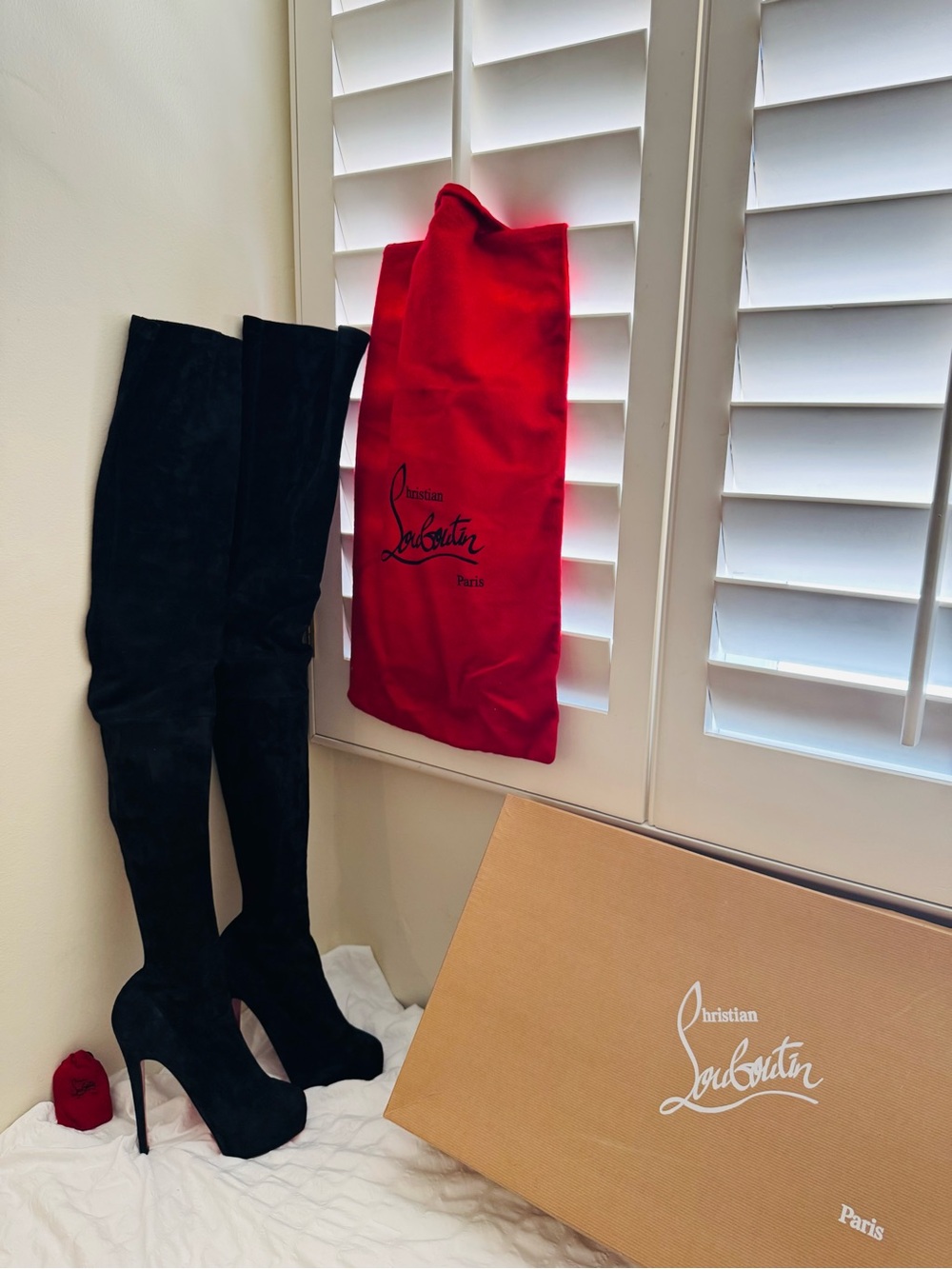 Christian Louboutin Black Suede Over-the-Knee Stiletto Boots with Red Dust Bag